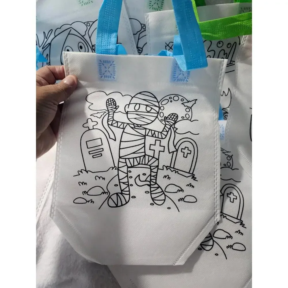 (14 pc) New Halloween Painting Tote Bags Coloring With Handle Candy Small 9.5